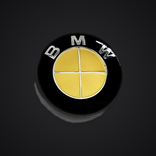 Chrome Gold BMW badge overlay — SuperWrappz hero. Compatible with BMW — Not Genuine BMW Parts.