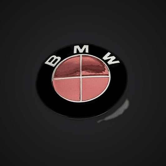 Chrome rose gold BMW badge overlay — SuperWrappz hero. Compatible with BMW — Not Genuine BMW Parts.