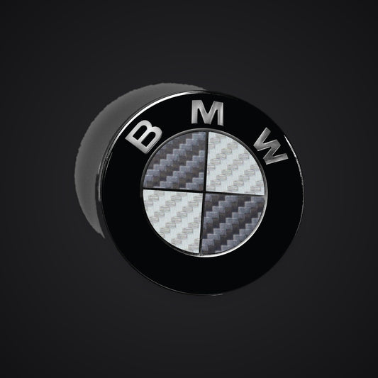 Dark Grey Silver Carbon BMW badge overlay — SuperWrappz hero. Compatible with BMW — Not Genuine BMW Parts.