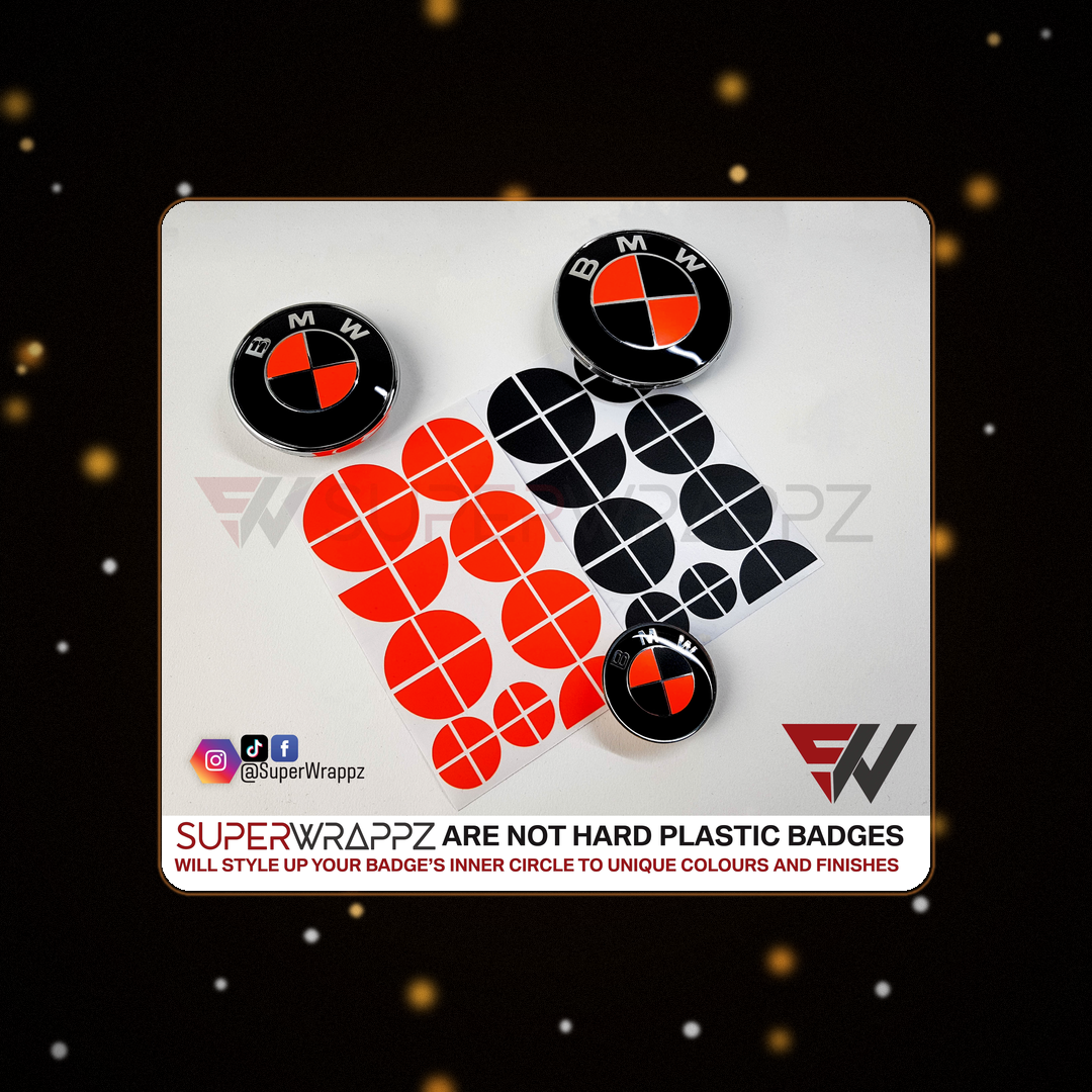 Fluorescent Red Black Gloss BMW badge overlay — SuperWrappz hero