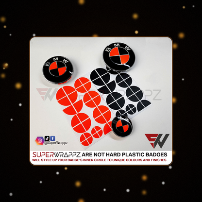 Fluorescent Red Black Gloss BMW badge overlay — SuperWrappz hero