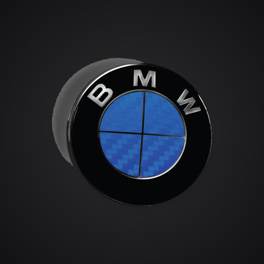 Full Blue Carbon BMW badge overlay — SuperWrappz hero. Compatible with BMW — Not Genuine BMW Parts.