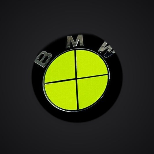 Full Green Fluorescent BMW badge overlay — SuperWrappz hero. Compatible with BMW — Not Genuine BMW Parts.
