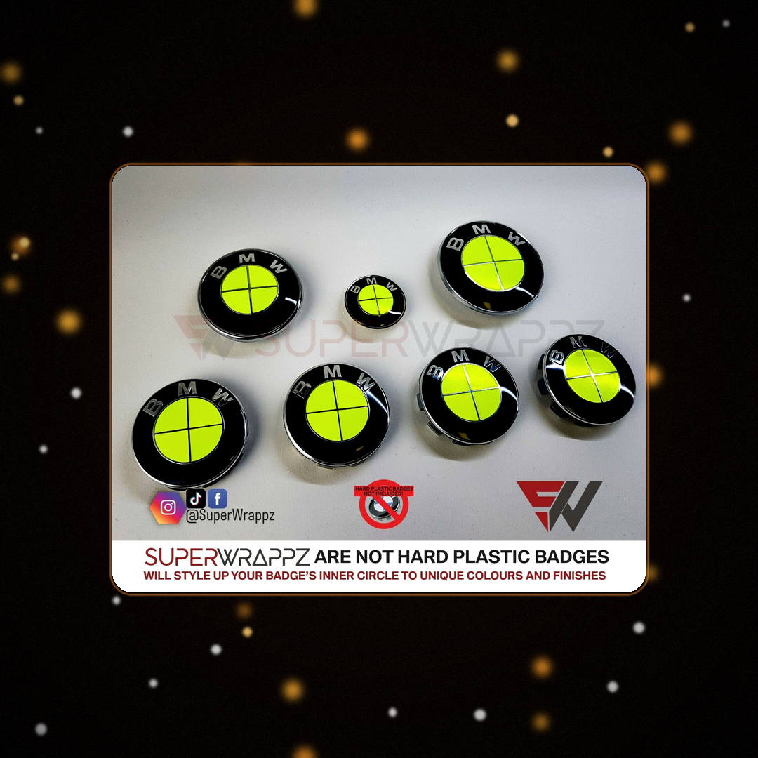 Full Green Fluorescent BMW badge overlay — SuperWrappz hero