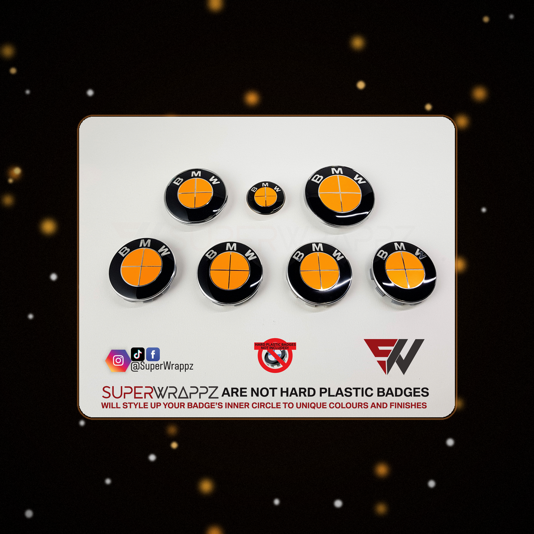 Full orange fluorescent BMW badge overlay — SuperWrappz hero
