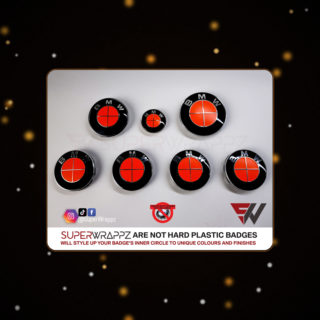 Full Red Fluorescent BMW badge overlay — SuperWrappz hero