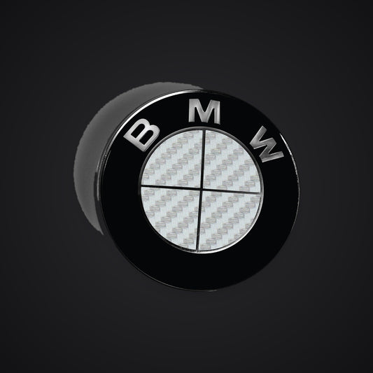 Full Silver Carbon BMW badge overlay — SuperWrappz hero. Compatible with BMW — Not Genuine BMW Parts.
