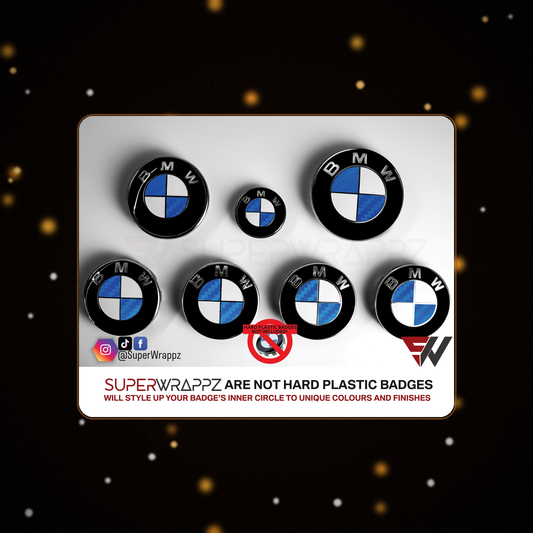 Half Blue Carbon BMW badge overlay — SuperWrappz hero