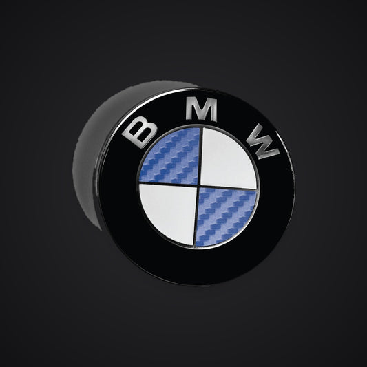 Half Dark Blue Carbon BMW badge overlay — SuperWrappz hero. Compatible with BMW — Not Genuine BMW Parts.