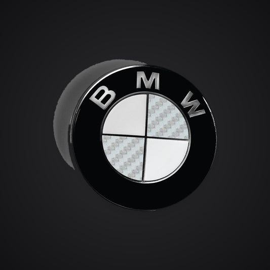Half Silver Carbon BMW badge overlay — SuperWrappz hero. Compatible with BMW — Not Genuine BMW Parts.