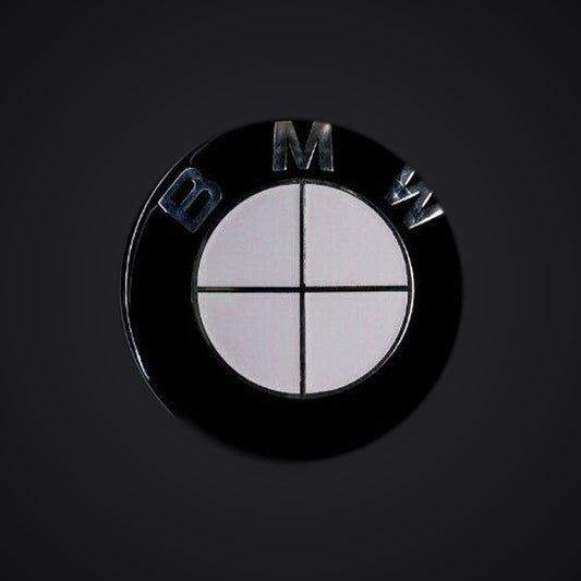 Half White Gloss BMW badge overlay — SuperWrappz hero. Compatible with BMW — Not Genuine BMW Parts.