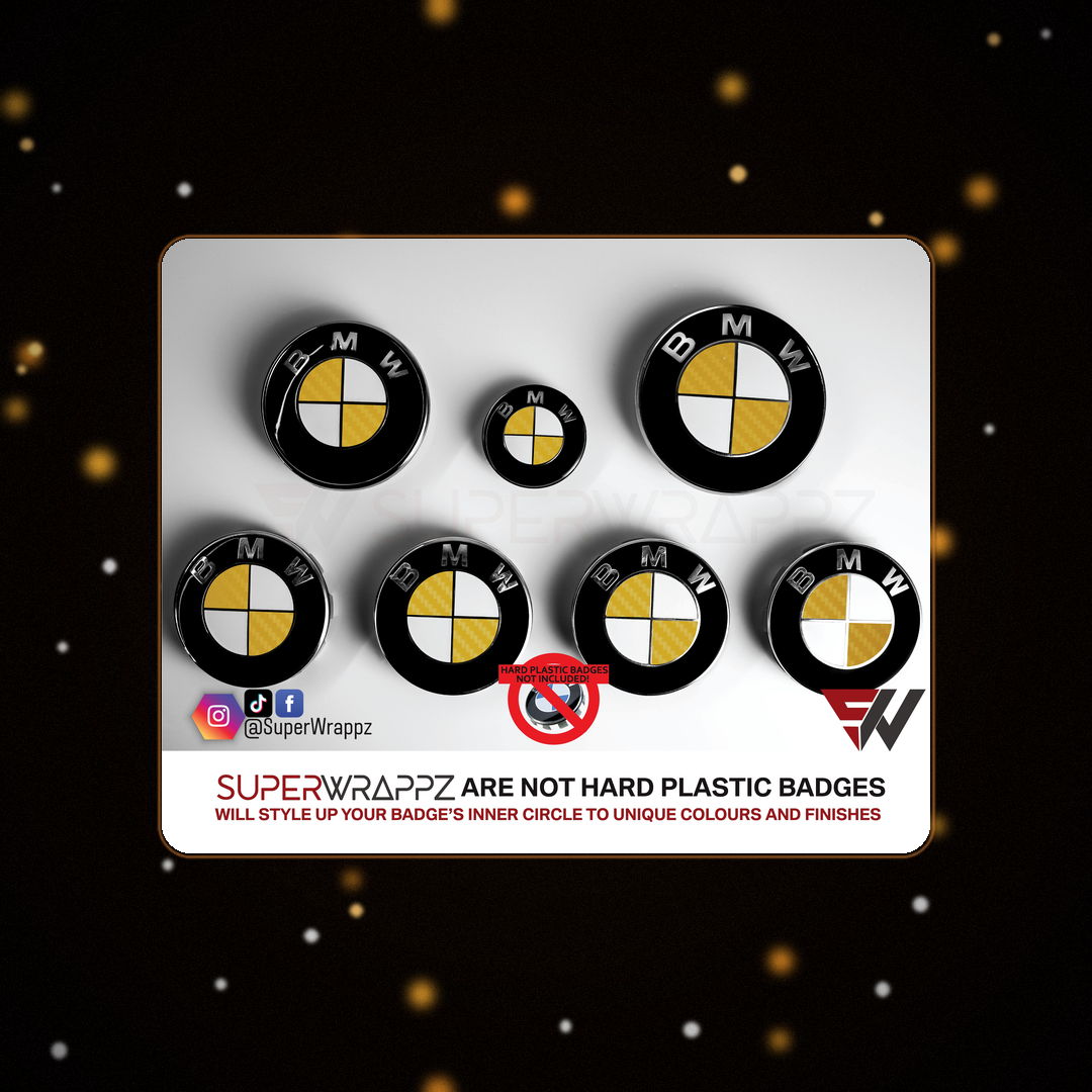 Half Yellow Carbon BMW badge overlay — SuperWrappz hero
