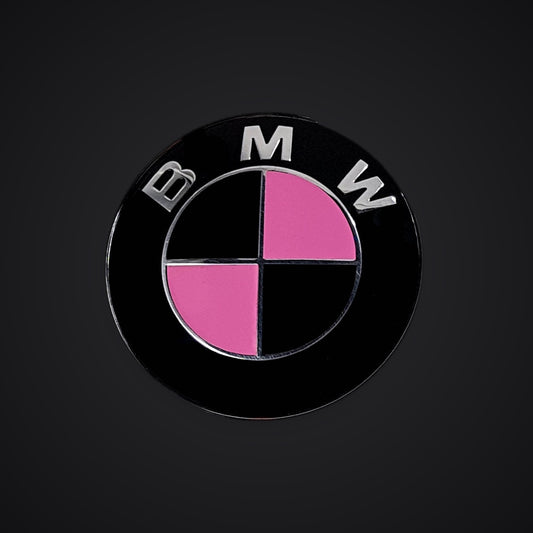Pink Black Gloss BMW badge overlay — SuperWrappz hero. Compatible with BMW — Not Genuine BMW Parts.