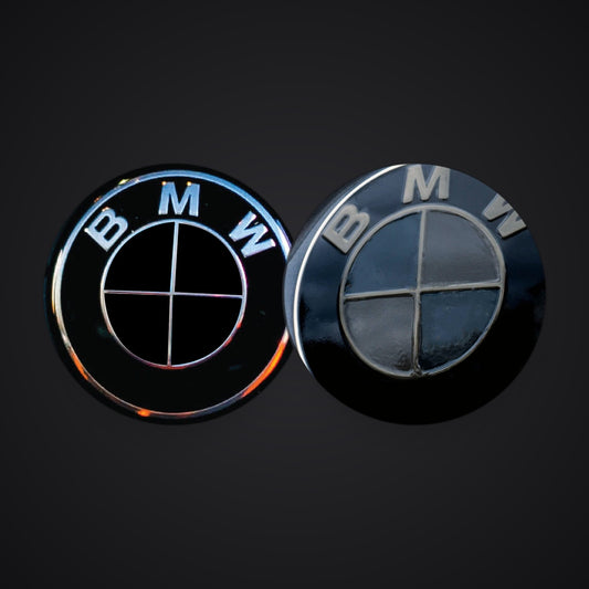 SuperWrappz Identity Kit — badge overlay and Dark Smoke tint overlay, both shown. Compatible with BMW — Not Genuine BMW Parts.