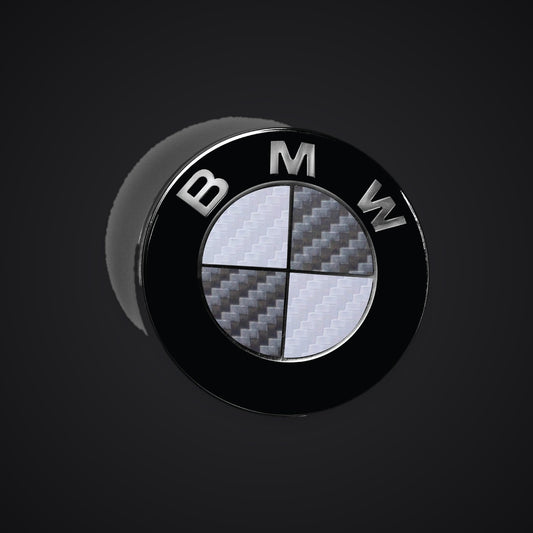 White Dark Grey Carbon BMW badge overlay — SuperWrappz hero. Compatible with BMW — Not Genuine BMW Parts.