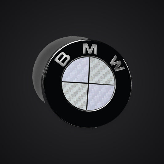White Silver Carbon BMW badge overlay — SuperWrappz hero. Compatible with BMW — Not Genuine BMW Parts.