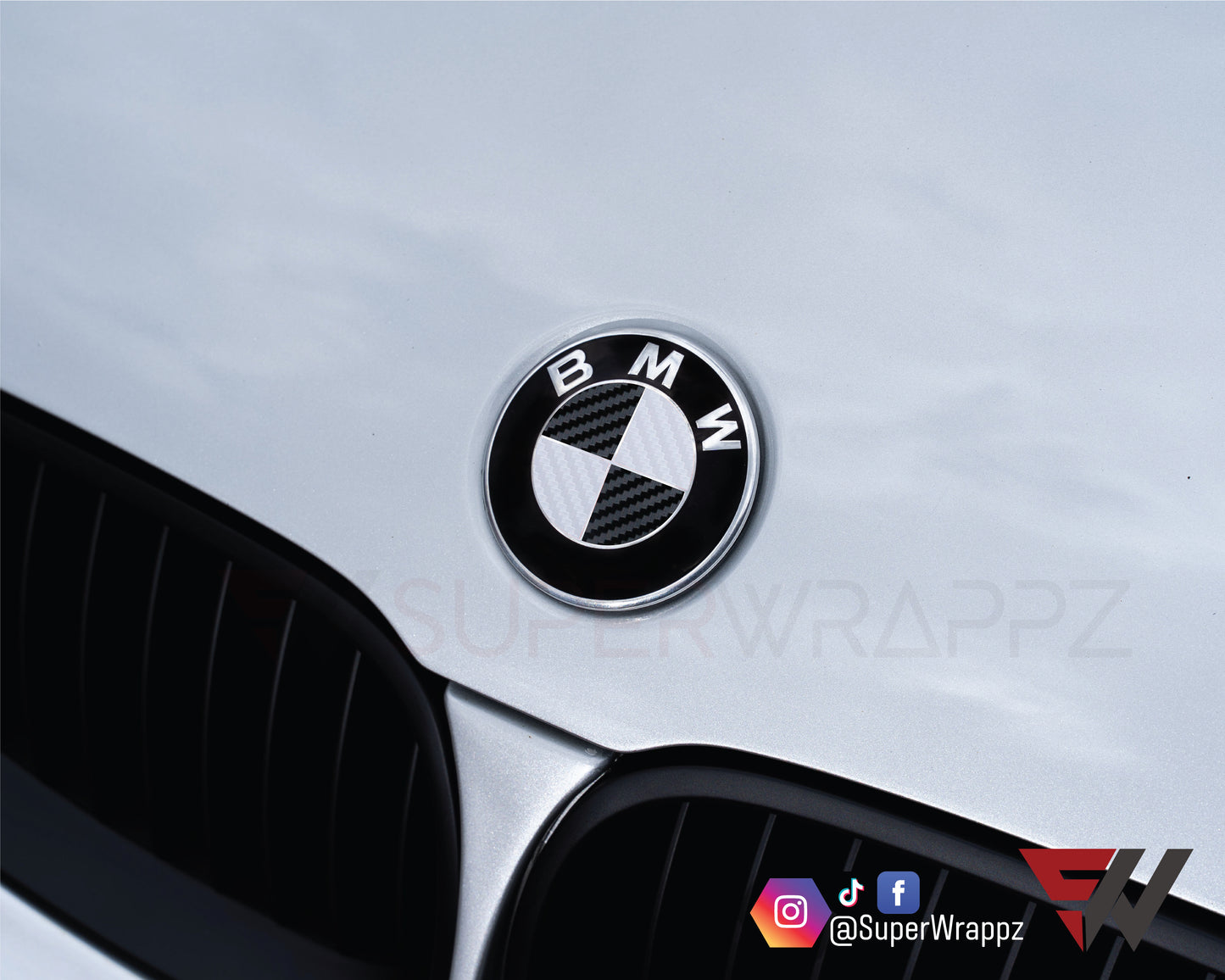 White & Black Carbon V1 BMW Badge Overlay — Compatible with E/F Series | SuperWrappz