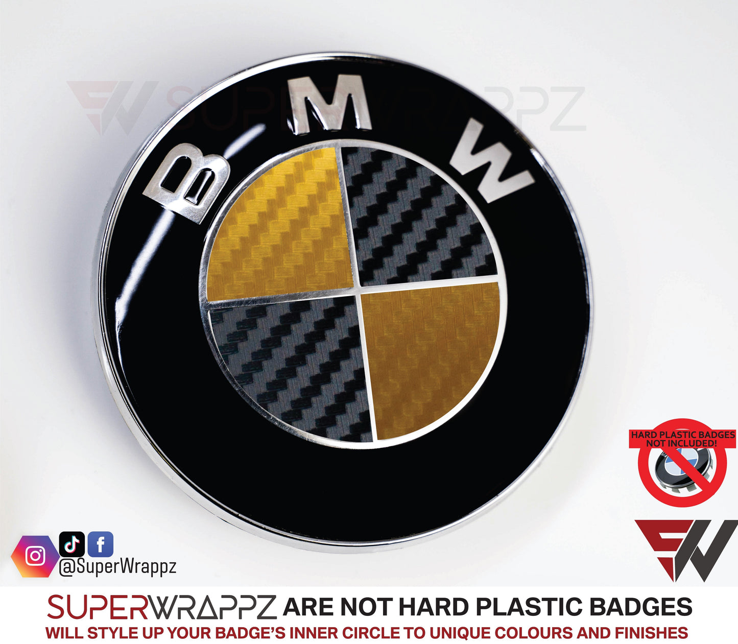 Black & Gold Carbon V1 BMW Badge Overlay — Compatible with E/F Series | SuperWrappz