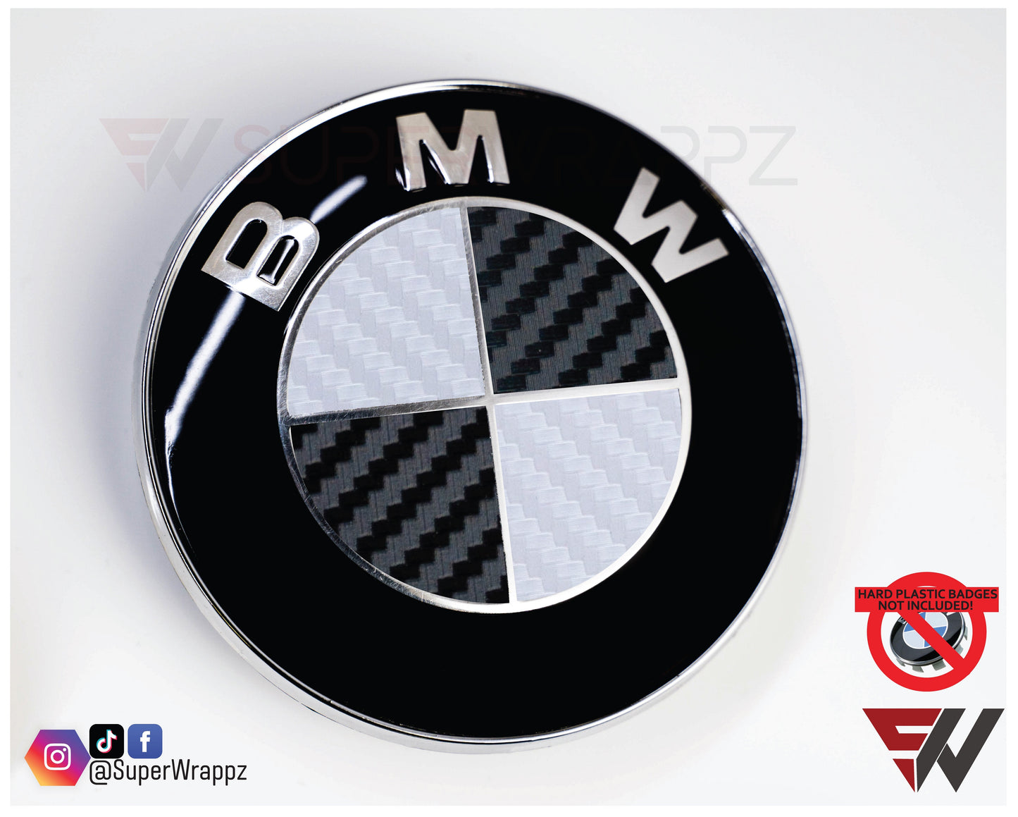White & Black Carbon V1 BMW Badge Overlay — Compatible with E/F Series | SuperWrappz