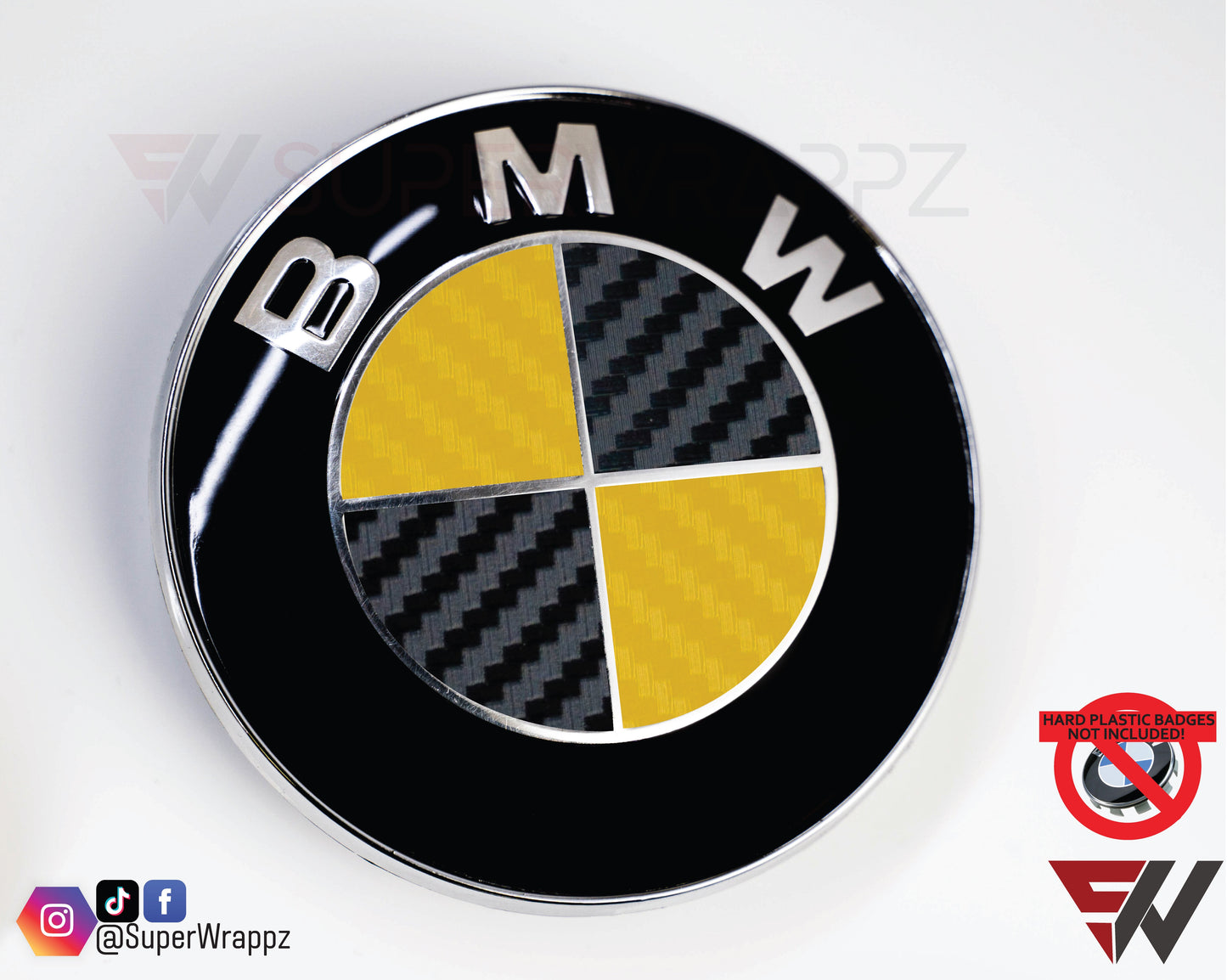 Black & Yellow Carbon V1 BMW Badge Overlay — Compatible with E/F Series | SuperWrappz