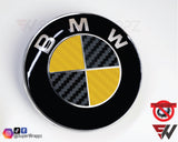 Black & Yellow Carbon Badge Emblem Overlay FOR BMW Sticker Vinyl 2 Quadrants covered in each colour FITS YOUR BMW'S Hood Trunk Rims Steering Wheel
