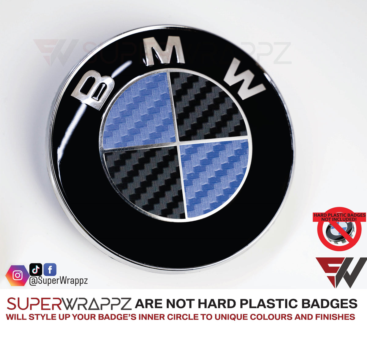 Black & Dark Blue Carbon BMW badge overlay applied to the front hood badge, close-up