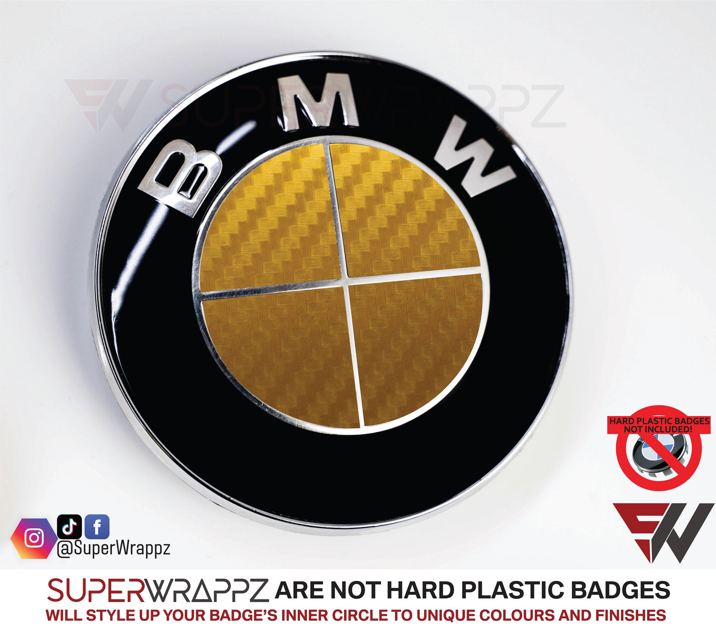 Full Gold Carbon V1 BMW Badge Overlay — Compatible with E/F Series | SuperWrappz