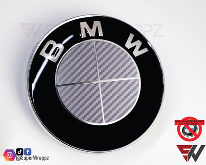 Full Silver Carbon V1 BMW Badge Overlay — Compatible with E/F Series | SuperWrappz