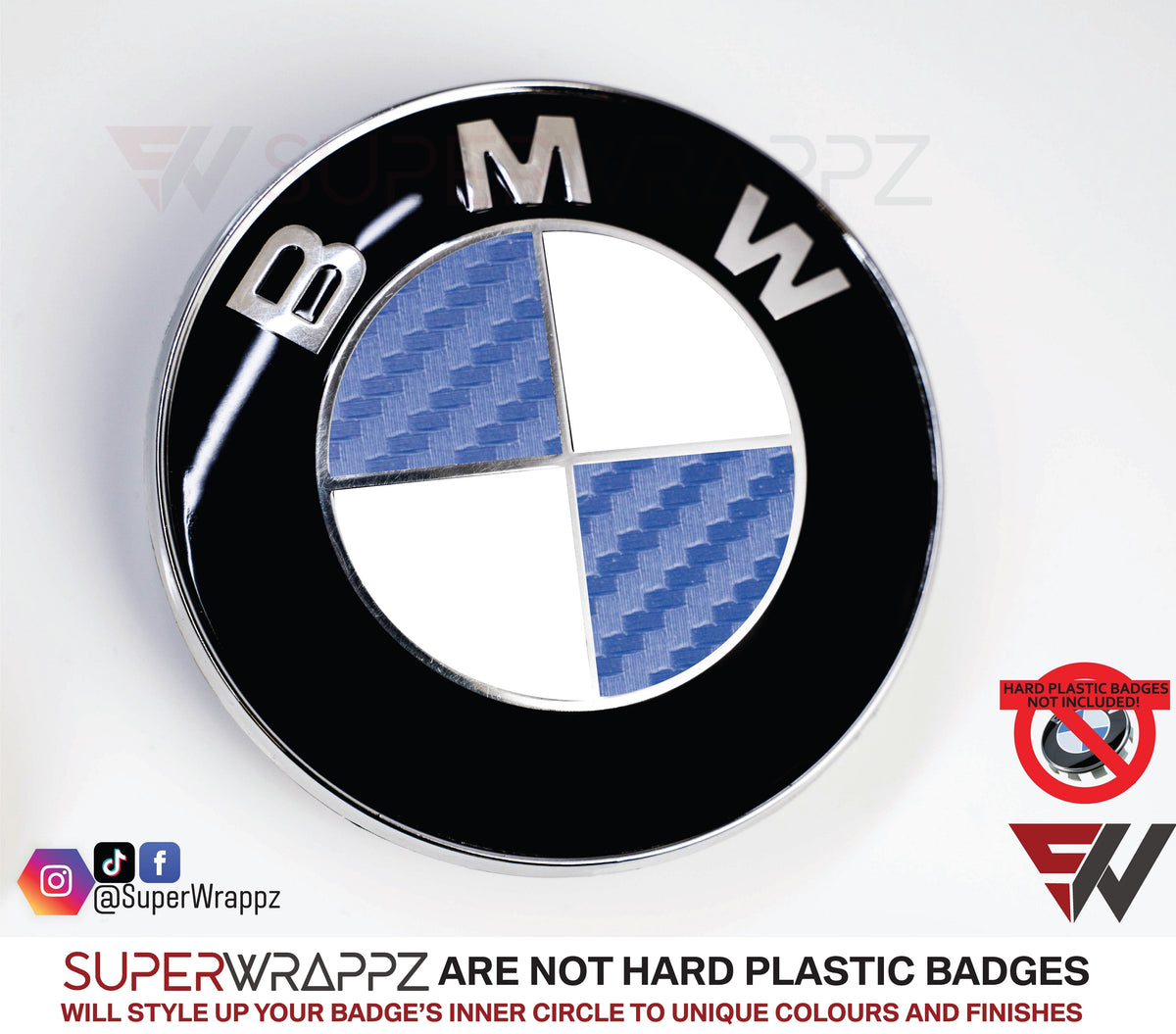 Half Dark Blue Carbon BMW badge overlay, studio photo of a single badge