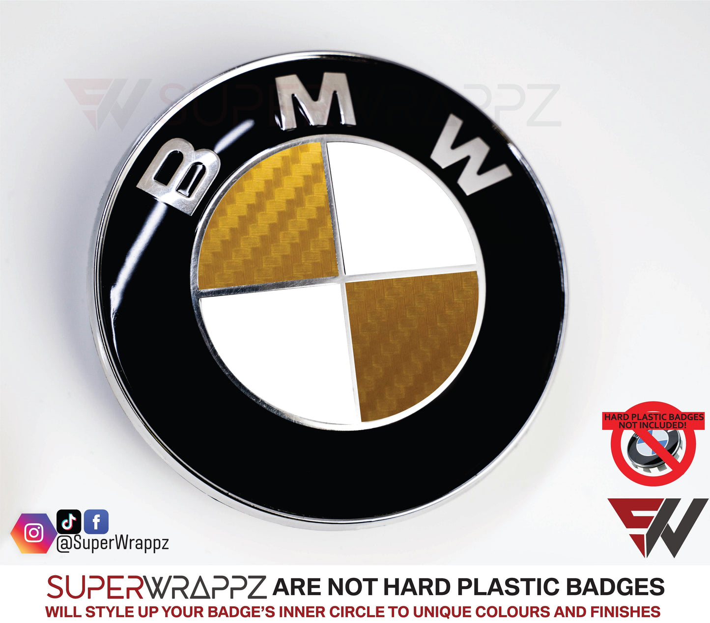 Half Gold Carbon V1 BMW Badge Overlay — Compatible with E/F Series | SuperWrappz