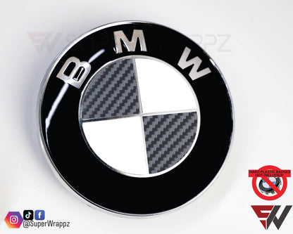 Half Dark Grey Carbon V1 BMW Badge Overlay — Compatible with E/F Series | SuperWrappz
