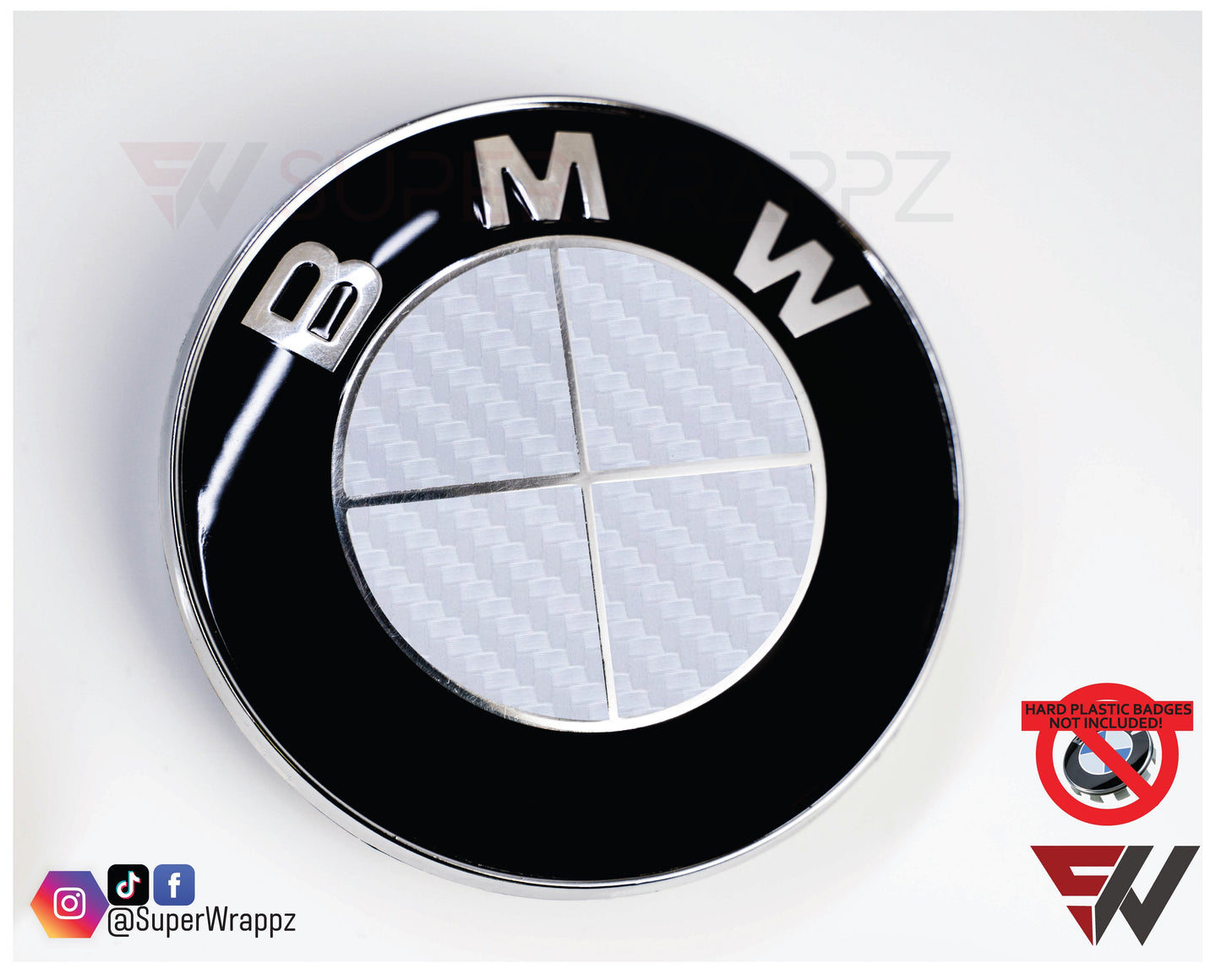 Full White Carbon V1 BMW Badge Overlay — Compatible with E/F Series | SuperWrappz