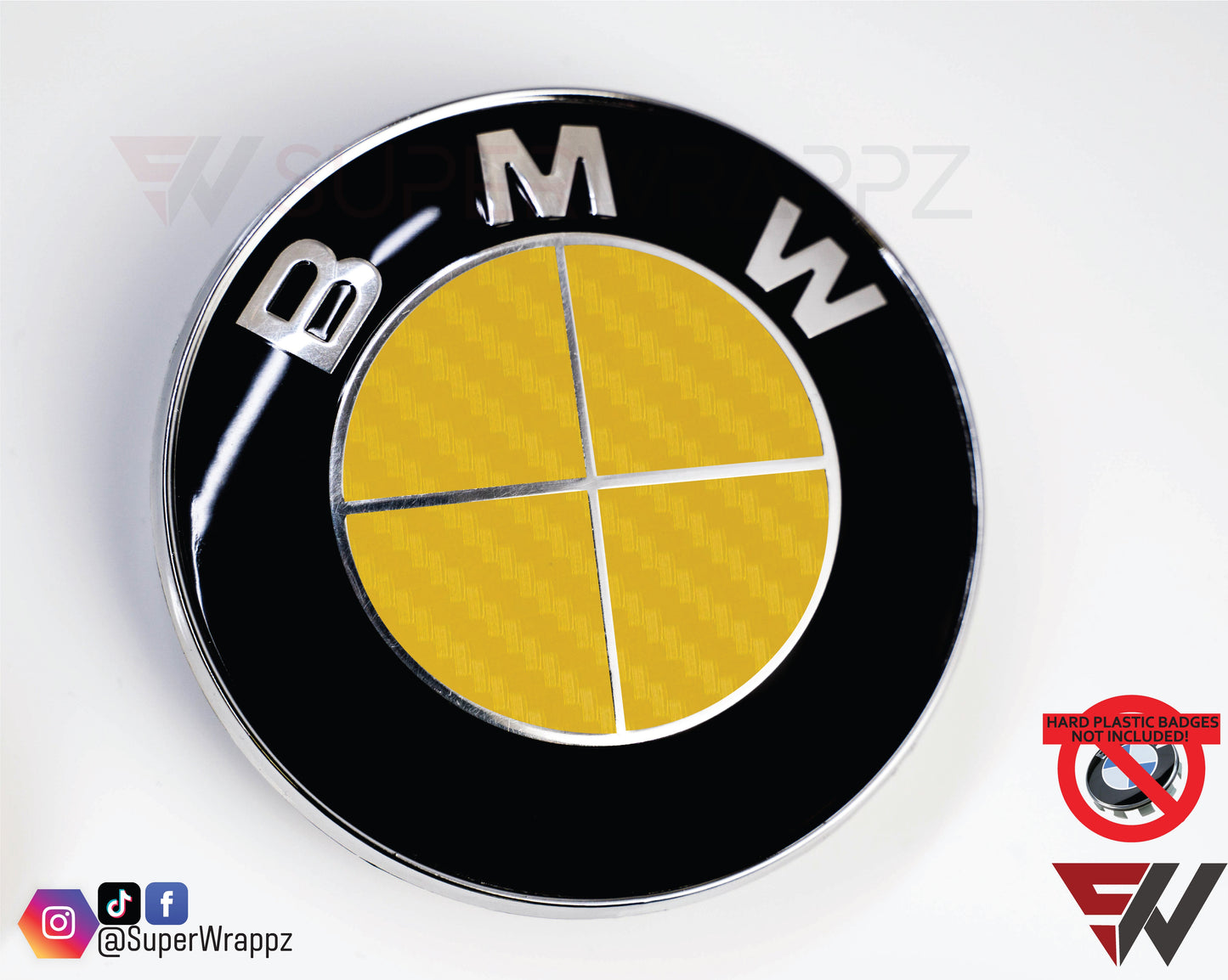 Full Yellow Carbon V1 BMW Badge Overlay — Compatible with E/F Series | SuperWrappz