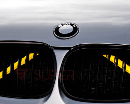 Yellow reflective V-brace and crash-bar vinyl overlay for BMW by SuperWrappz, aftermarket