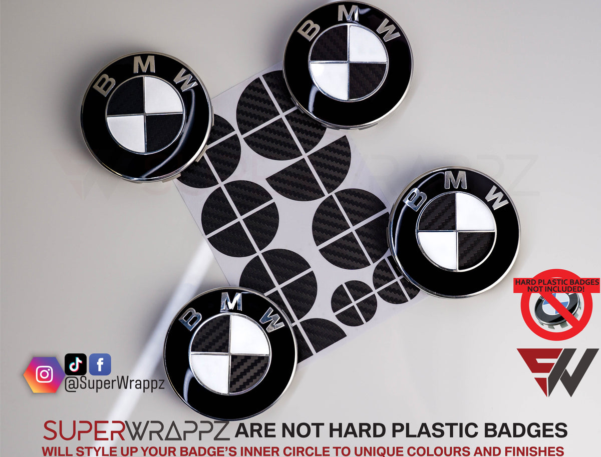 Half Black Carbon BMW badge overlay by SuperWrappz on E/F Series emblems, aftermarket cast-vinyl set