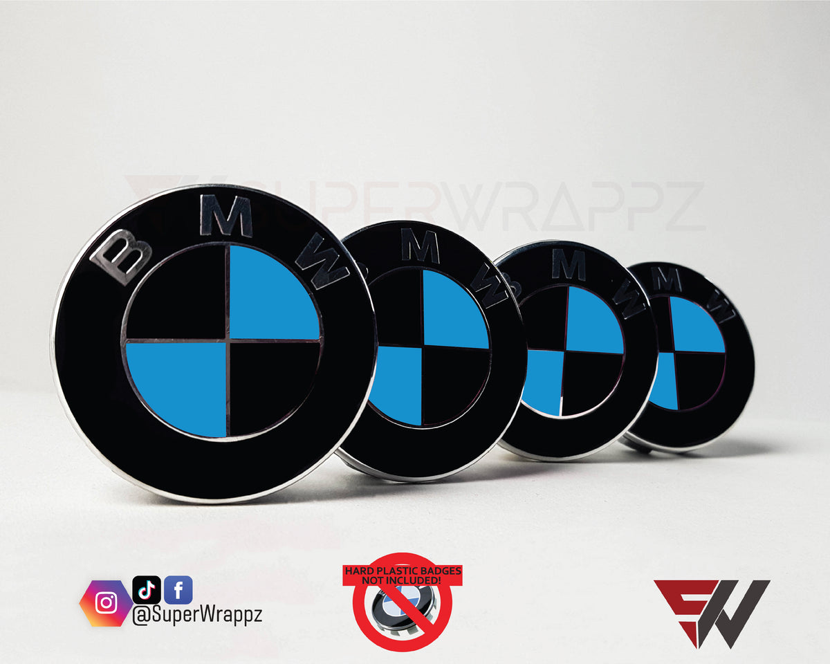 Black & Baby Blue Gloss BMW badge overlay, complete badge set laid out on a plain background
