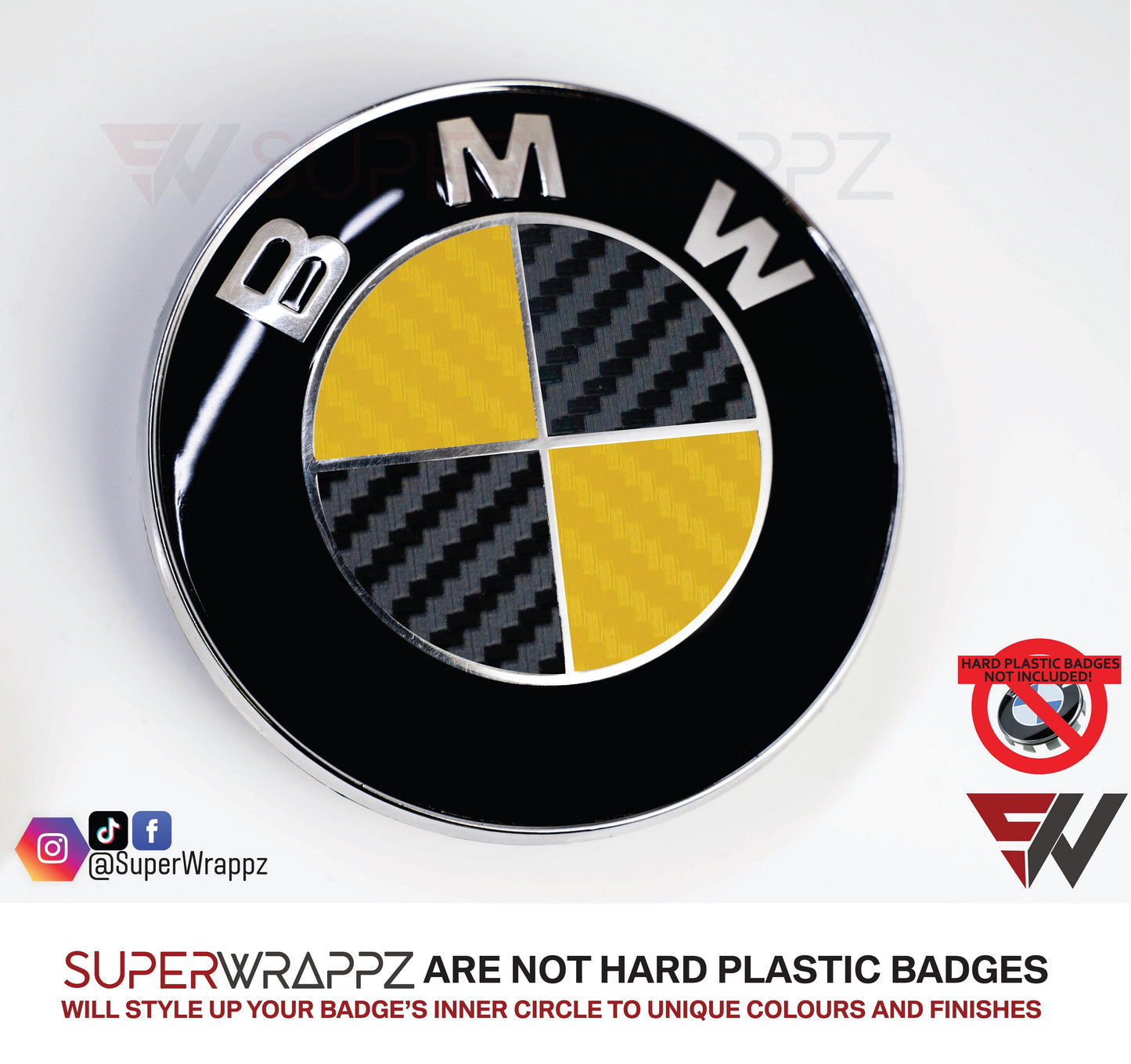 Black & Yellow Carbon V1 BMW Badge Overlay — Compatible with E/F Series | SuperWrappz