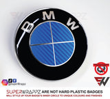 Full Blue Carbon Badge Emblem Overlay FOR BMW Sticker Vinyl 4 Quadrants covered FITS YOUR BMW'S Hood Trunk Rims Steering Wheel