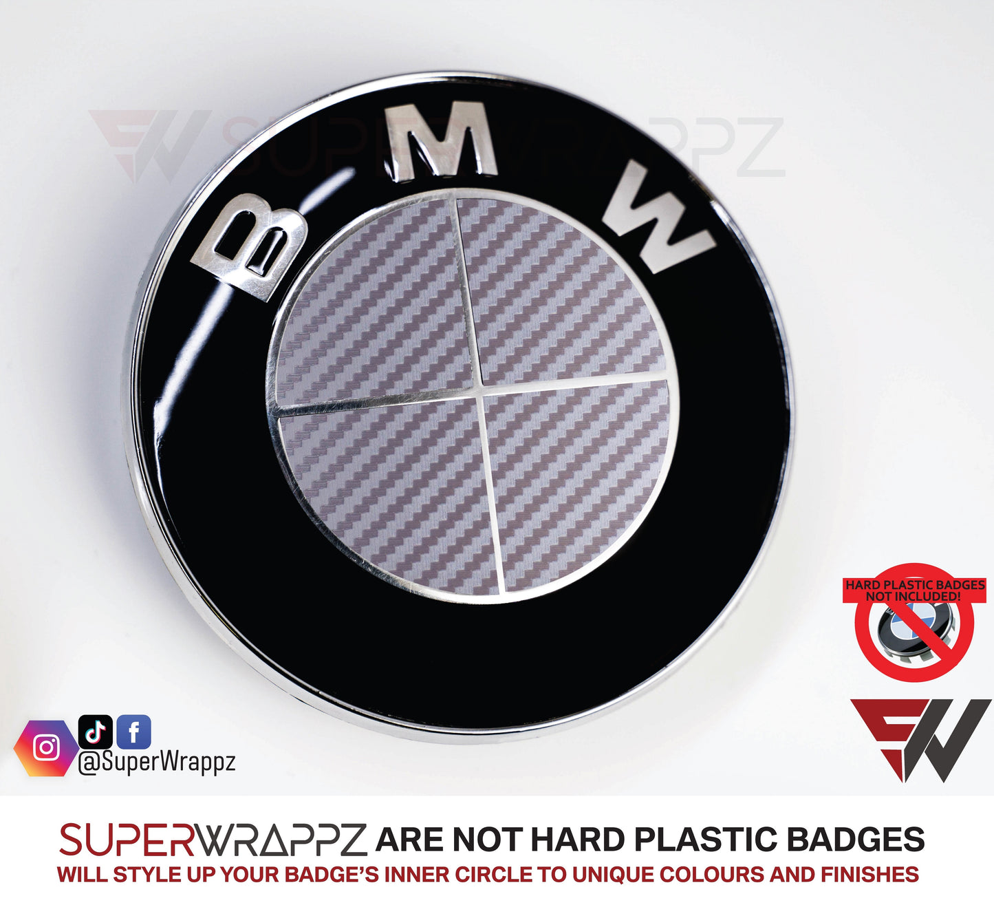 Full Silver Carbon V1 BMW Badge Overlay — Compatible with E/F Series | SuperWrappz