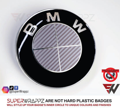 Full Silver Carbon V1 BMW Badge Overlay — Compatible with E/F Series | SuperWrappz