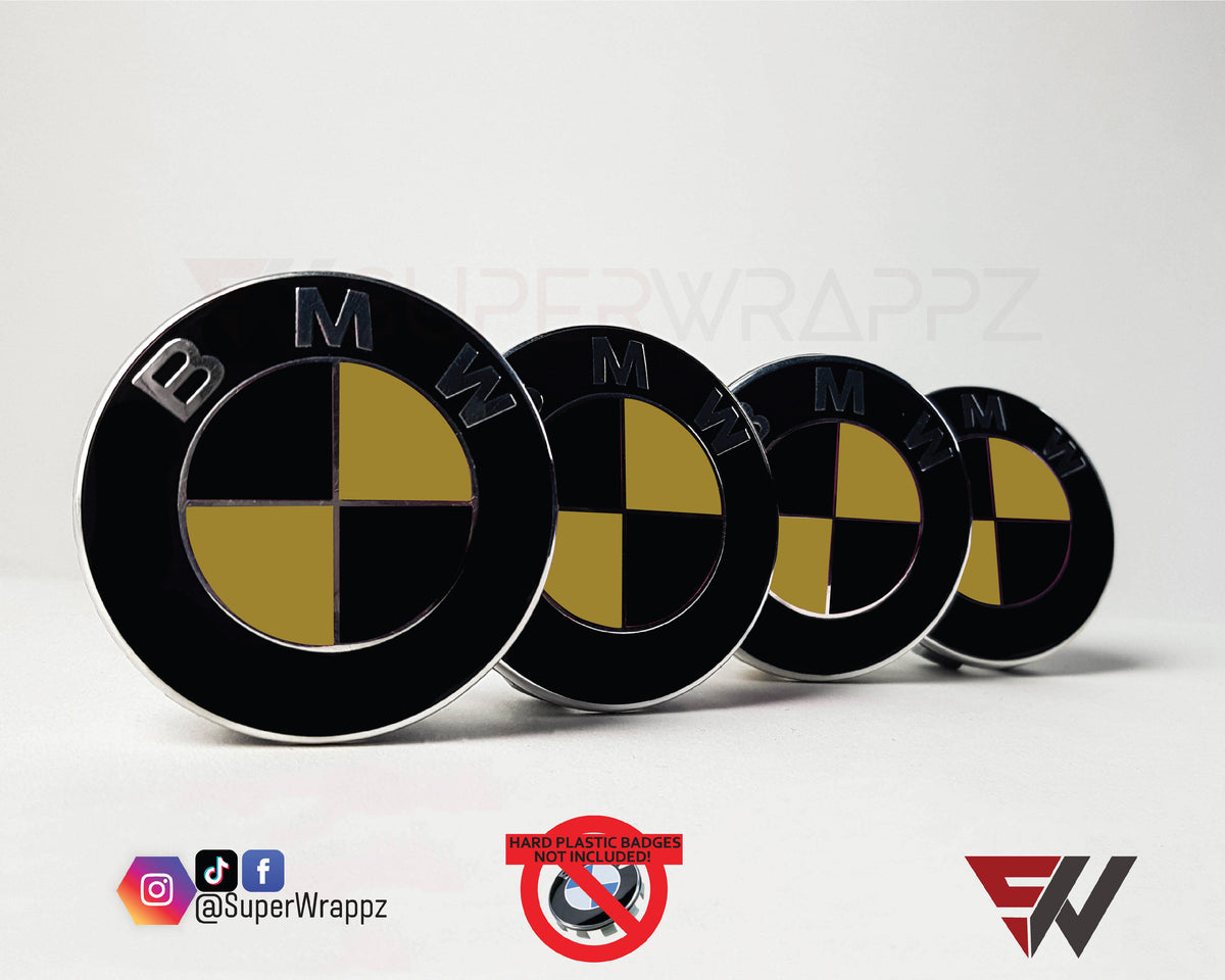 Black & Gold Gloss BMW badge overlay, complete badge set laid out on a plain background