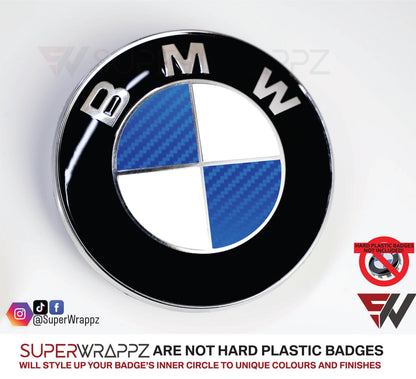 Half Blue Carbon V1 BMW Badge Overlay — Compatible with E/F Series | SuperWrappz