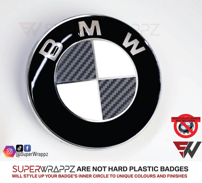 Half Dark Grey Carbon V1 BMW Badge Overlay — Compatible with E/F Series | SuperWrappz