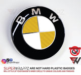 HALF YELLOW CARBON Badge Emblem Overlay FOR BMW Sticker VINYL 2 QUADRANTS COVERED FITS YOUR BMW'S HOOD TRUNK RIMS STEERING WHEEL