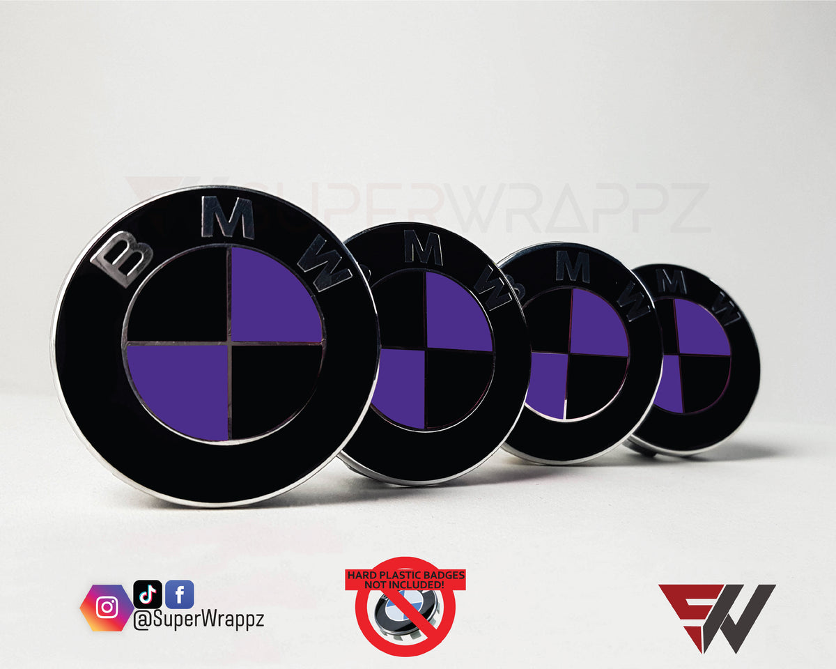 Black & Purple Gloss BMW badge overlay, complete badge set laid out on a plain background