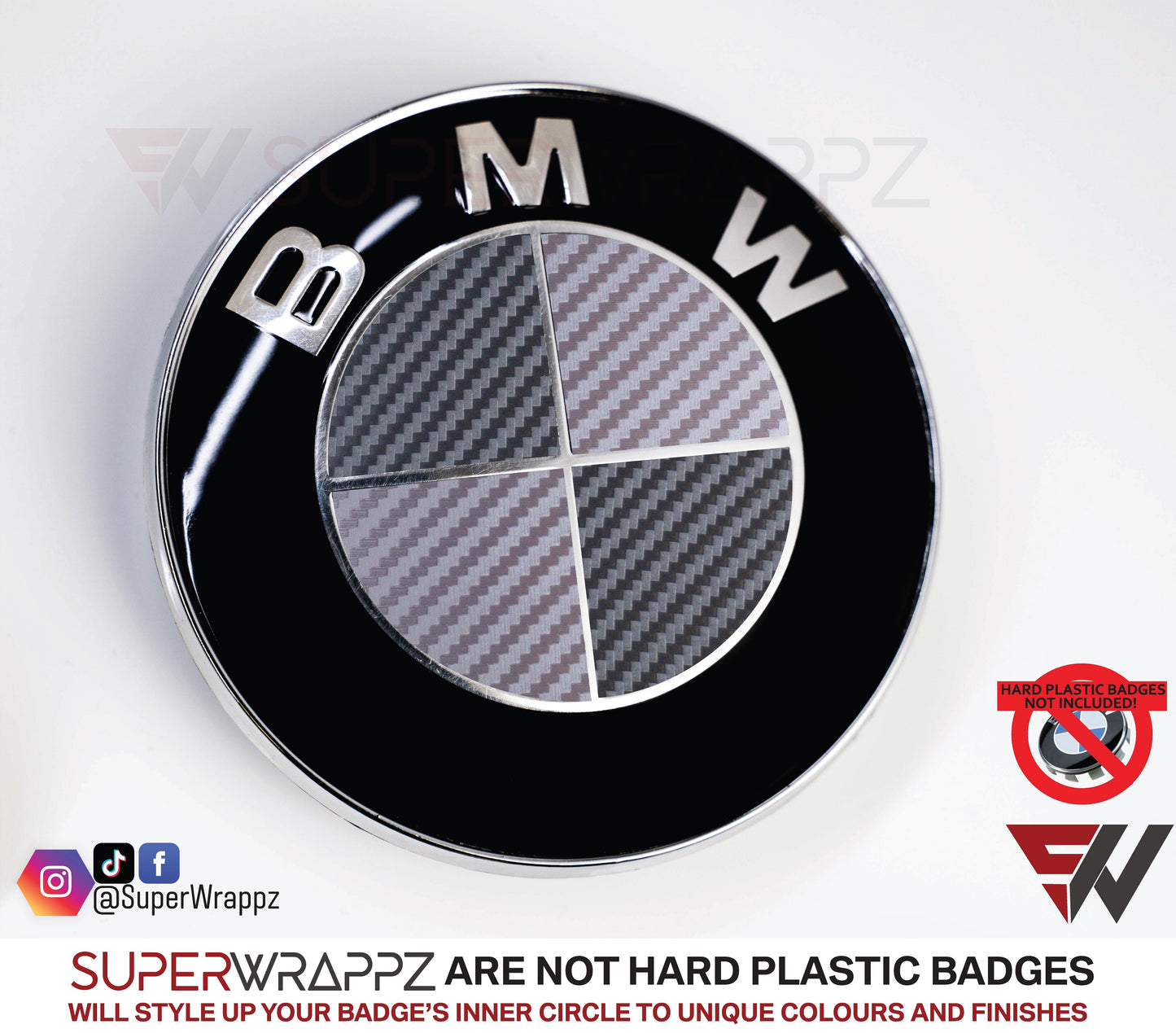 Dark Grey & Silver Carbon V1 BMW Badge Overlay — Compatible with E/F Series | SuperWrappz