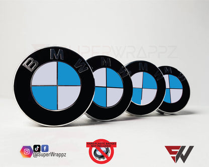 White & Baby Blue Gloss V1 BMW Badge Overlay — Compatible with E/F Series | SuperWrappz