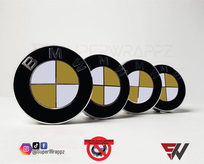 White & Gold Gloss V1 BMW Badge Overlay — Compatible with E/F Series | SuperWrappz