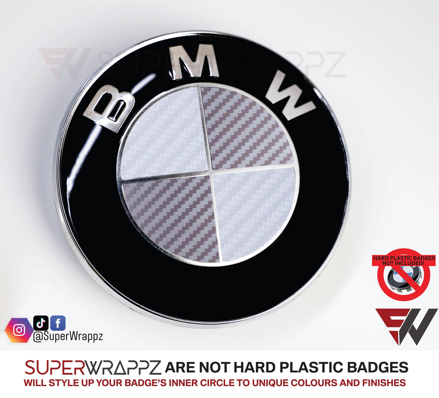 White & Silver Carbon V1 BMW Badge Overlay — Compatible with E/F Series | SuperWrappz