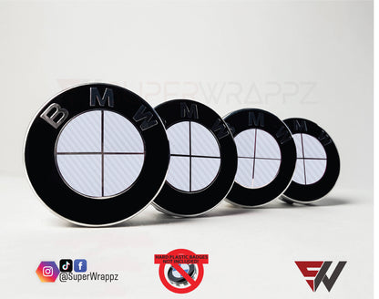 Full White Carbon V1 BMW Badge Overlay — Compatible with E/F Series | SuperWrappz